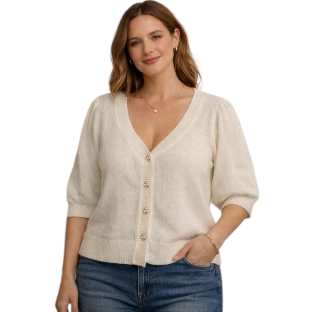 City Chic Ivory Knit Cardigan Short Sleeve Button Front Plus Size XS 14